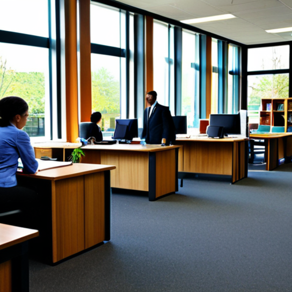 A diverse group of professional public servants, fully clothed in modest business attire, are depicted in a modern local government building. The setting features elements representing various community services, such as a well-organized public library section, a vibrant park view visible through a large window, and clearly marked municipal service desks. The atmosphere is bright, organized, and inviting, showcasing the professionalism and efficiency of local administration. Professional photography, high-resolution, soft natural lighting, sharp focus, intricate details, safe for work, appropriate content, fully clothed, professional, perfect anatomy, correct proportions, natural pose, well-formed hands, proper finger count, natural body proportions.