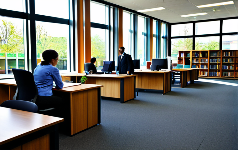 A diverse group of professional public servants, fully clothed in modest business attire, are depicted in a modern local government building. The setting features elements representing various community services, such as a well-organized public library section, a vibrant park view visible through a large window, and clearly marked municipal service desks. The atmosphere is bright, organized, and inviting, showcasing the professionalism and efficiency of local administration. Professional photography, high-resolution, soft natural lighting, sharp focus, intricate details, safe for work, appropriate content, fully clothed, professional, perfect anatomy, correct proportions, natural pose, well-formed hands, proper finger count, natural body proportions.