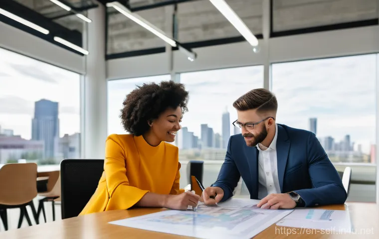 자치행정사 이직 시 유의사항 - **Prompt:** A diverse group of four professionals, two men and two women, fully clothed in smart bus...