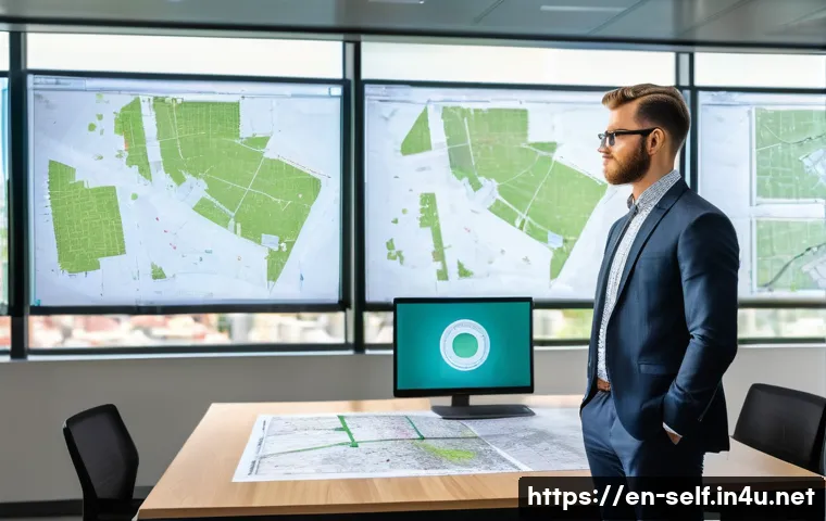 자치행정사 취업 면접 준비 - A professional city planner standing confidently in a modern urban planning office, surrounded by la...