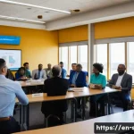 자치행정사 실무 경험 - A diverse group of local government officials and community stakeholders engaged in a lively town ha...