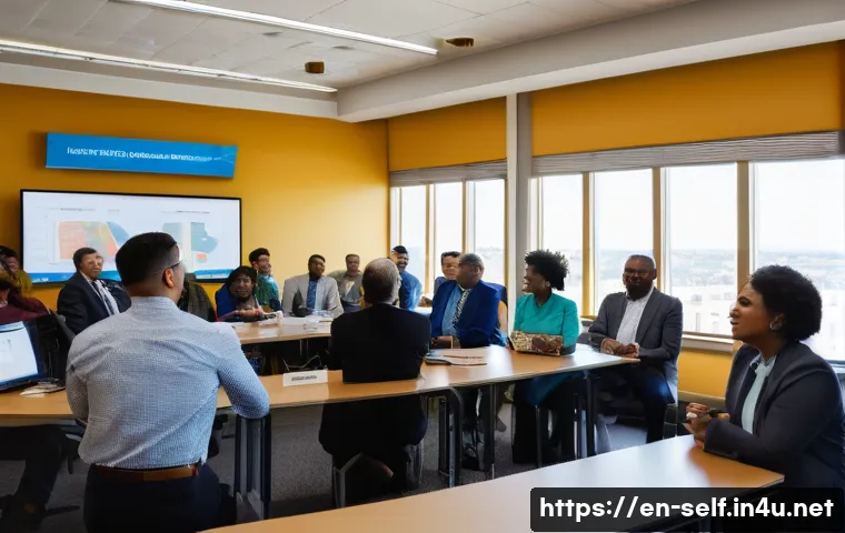 자치행정사 실무 경험 - A diverse group of local government officials and community stakeholders engaged in a lively town ha...