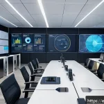 자치행정사 직업에서의 유망 직군 - A futuristic smart city control room featuring diverse public administrators collaborating with AI-p...