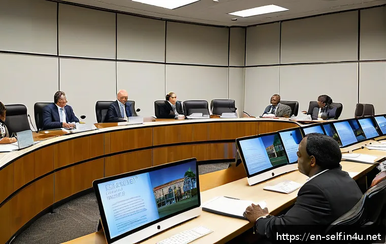 자치행정사 관련 법규와 정책 - A detailed, realistic scene of a local government city council meeting room during a public hearing ...