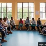 자치행정사 실무 집중 교육 - A vibrant community town hall meeting in a modern, accessible public space with diverse residents ac...